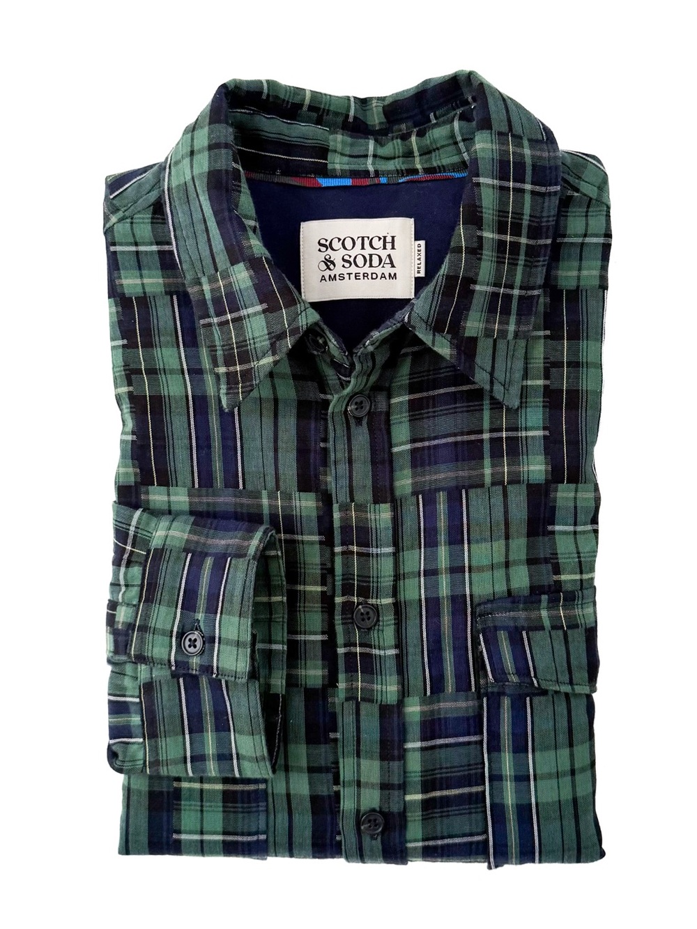NEW Scotch & Soda Madras Button Down Plaid Shirt Mens M Navy Green Cotton